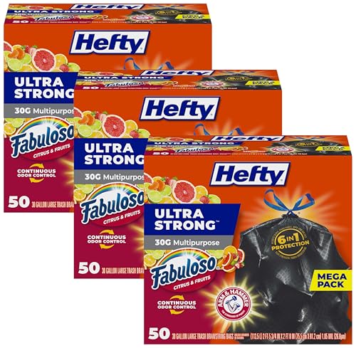 Image of Hefty Ultra Strong 30 Gallon Trash Bags, Large Trash Bags 30 Gallon Size, Multipurpose, Break Resistant Drawstring Closure, Resists Leaks, Punctures, and Tears, Black, Fabuloso Scent, 50 Bags