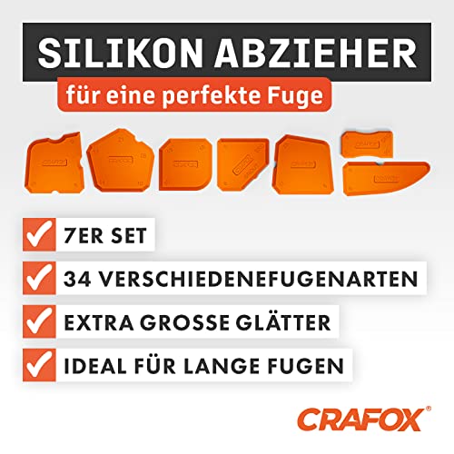 CRAFOX® Fugenglätter 7er SET ORANGE | Extra große Silikon Abzieher mit 34 Fugenformen | Fugenabzieher inkl. Aufbewahrungsbox | Acryl & Silikonabzieher | Glätter - Spachtel - Werkzeug für Fugen