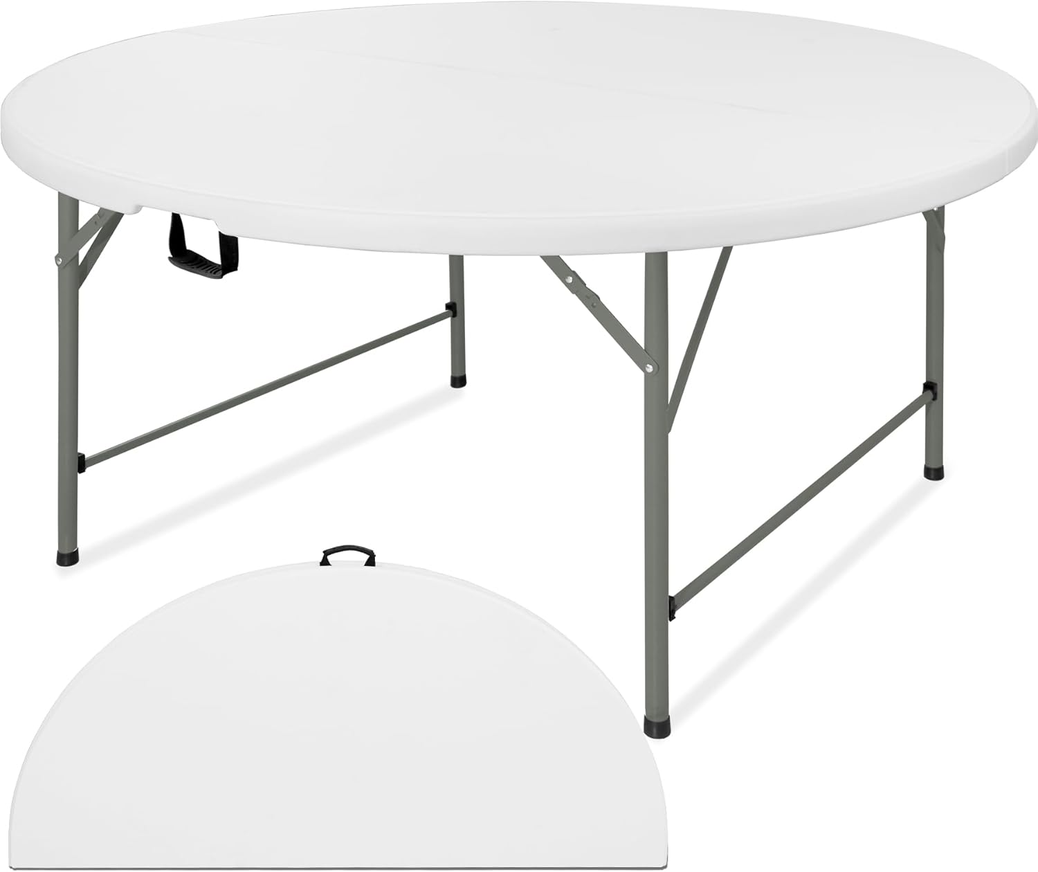 5 FT Round Folding Tables with Carrying Handle 60 inch Heavy Duty Portable Plastic Commercial Table Steel Legs for Party, Dining, Wedding, Events, Picnic Indoor, Outdoor (White,1 Pack)