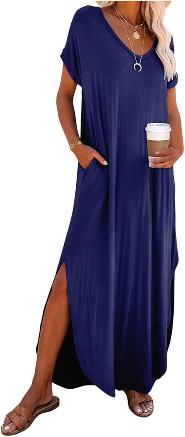 Women's Casual Sundress V Neck Short Sleeve Dress Loose Long Maxi Beach Dresses Split Boho Beach Vacation Dress
