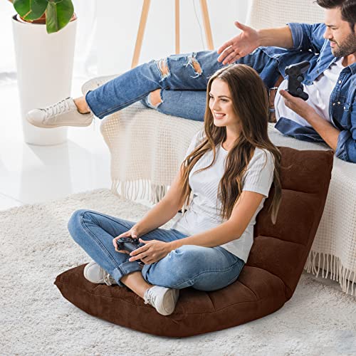 Image of COSTWAY Adjustable Floor Chair, Video Gaming Chairs with Back Support, Alloy Steel Frame, Soft Coral Fleece, Lazy Sofa Lounge for Reading Living Room Recliner for Adults Kids, Brown
