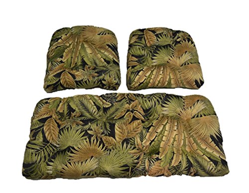 RSH Decor Indoor Outdoor 3 Piece Set Made with Tommy Bahama Black Green Tan Tropical Palm Leaf Bahama Breeze Coal Wicker Loveseat & 2 Chair Cushions