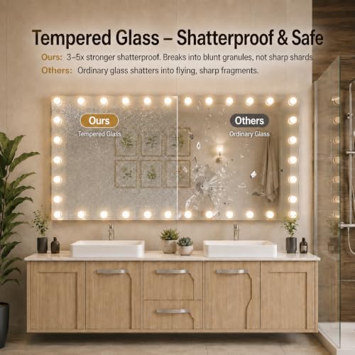 Image of WTTY 84 inchx32 inch Hollywood Vanity Mirror with Lights, Wall-Mounted Makeup Mirror with 3 Color Temperatures, Stepless Dimmable Bulbs, Anti-Fog & Shatter-Proof