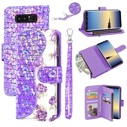 Dibosom Floral Wallet Case for Samsung Galaxy Note 8 with Wrist Strap Shoulder Strap Flip Zipper Purse Card Holder,Luxury PU Leather Stand Sparkly Glitter Phone Cover for Note8 Not S8 Gaxaly Purple