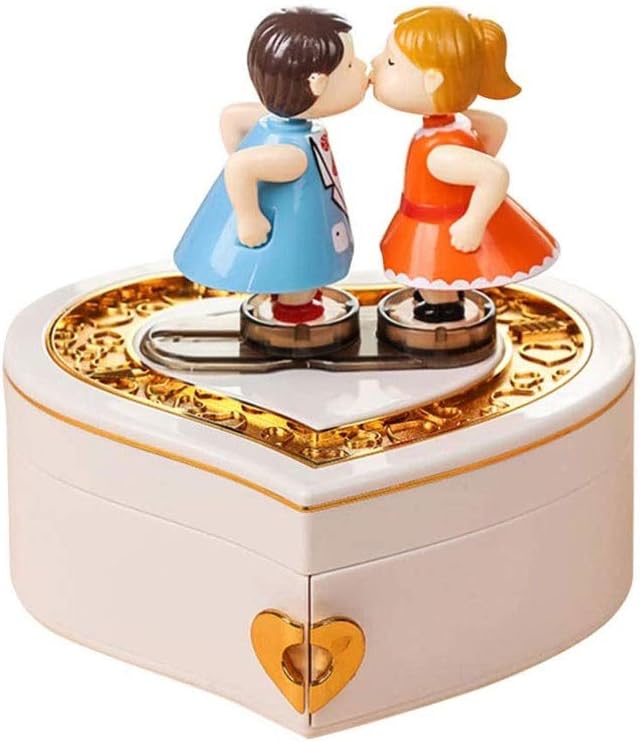 Musical Jewelry Box Heart Music Storage Box with Love Couple Figurines for Valentines Day Gift Girls Birthday Gift Desk Oranment (Color : Pink) (White)