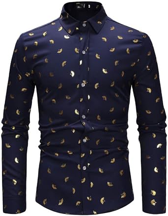 Mens Shiny Shirts Snowflake Floral Fan Pattern Long Sleeve Black Dress Shirt Casual Button-Down Shirts