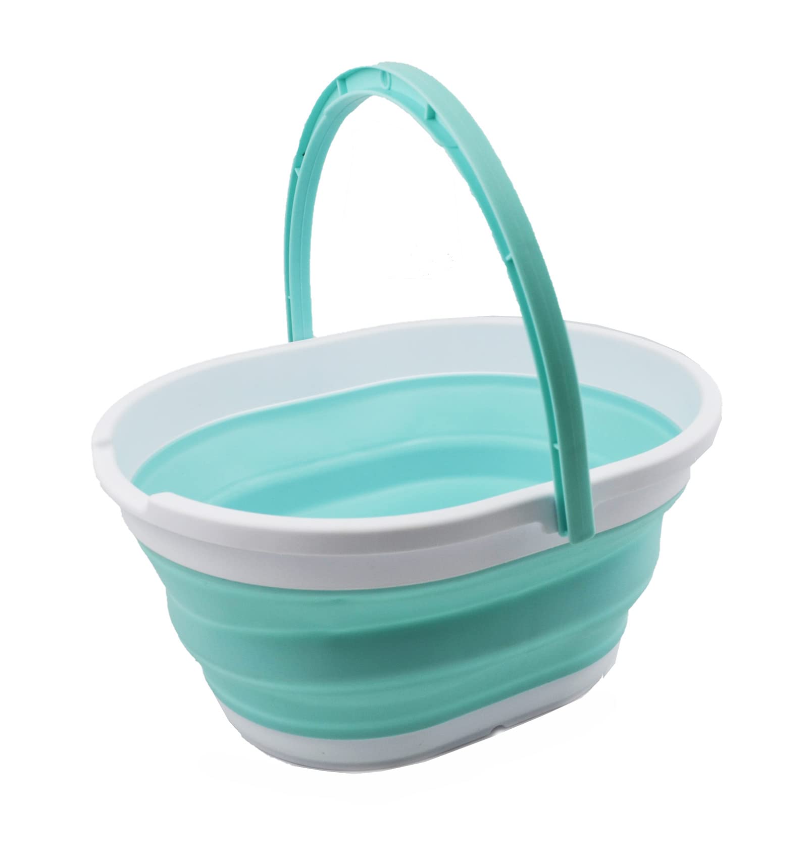 SAMMART 11L Collapsible Basket with Handle - Portable Outdoor Picnic Basket/Crater - Foldable Shopping Bag - Space Saving Storage Container (White/Lake Green, 1)