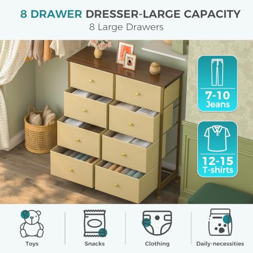 Image of OLIXIS 8 Drawer Storage Dresser for Bedroom, Closet Organizers Units, Khaki | Fabric Dresser with Wooden Top, Chest of Drawers Clothes Storage, Tower Cabinet, TV Stand Furniture