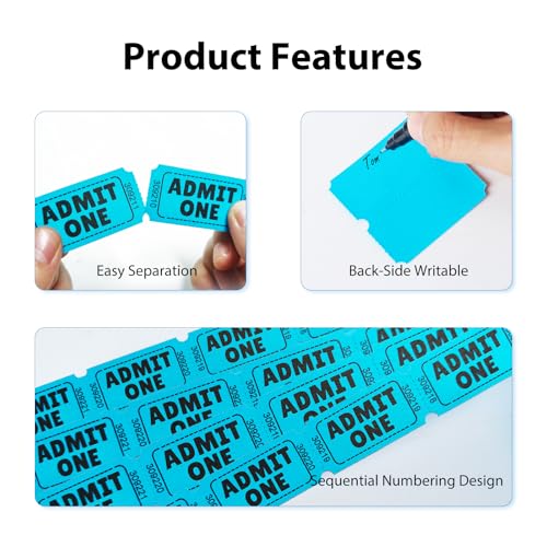 Volokitx 2200 Raffle Tickets Single Roll, Admit One Tickets, Consecutively Numbered for Raffles, Events, Fundraisers, Carnivals & Classroom Activities (Blue) - Thumbnail 3