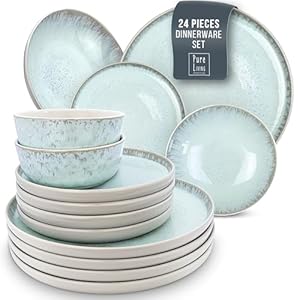 24 Piece Dinnerware Sets for 6 – Modern Style Stoneware Dinnerware Set – Microwave Safe Dinner Plates and Bowls Sets for 8, Ceramic Dish Set, Bowl and Plate Sets for 8, Beige Light Blue Set for 8