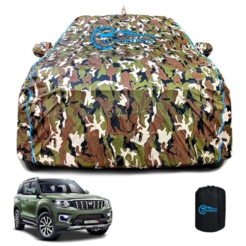 Image of Waterproof Car Body Cover Compatible with Mahindra Scorpio N Z8 Diesel at Mirror Pocket and Antenna Pocket, Triple Stitched (Jungle Print with Blue Piping Design)