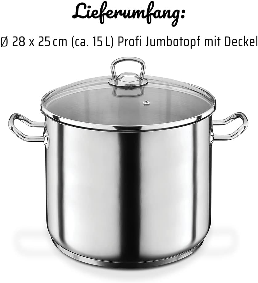GSW Stahlwaren GmbH Jumbo Cooking Pot, Silver/Clear, 28 x 25 cm, 15 Litre
