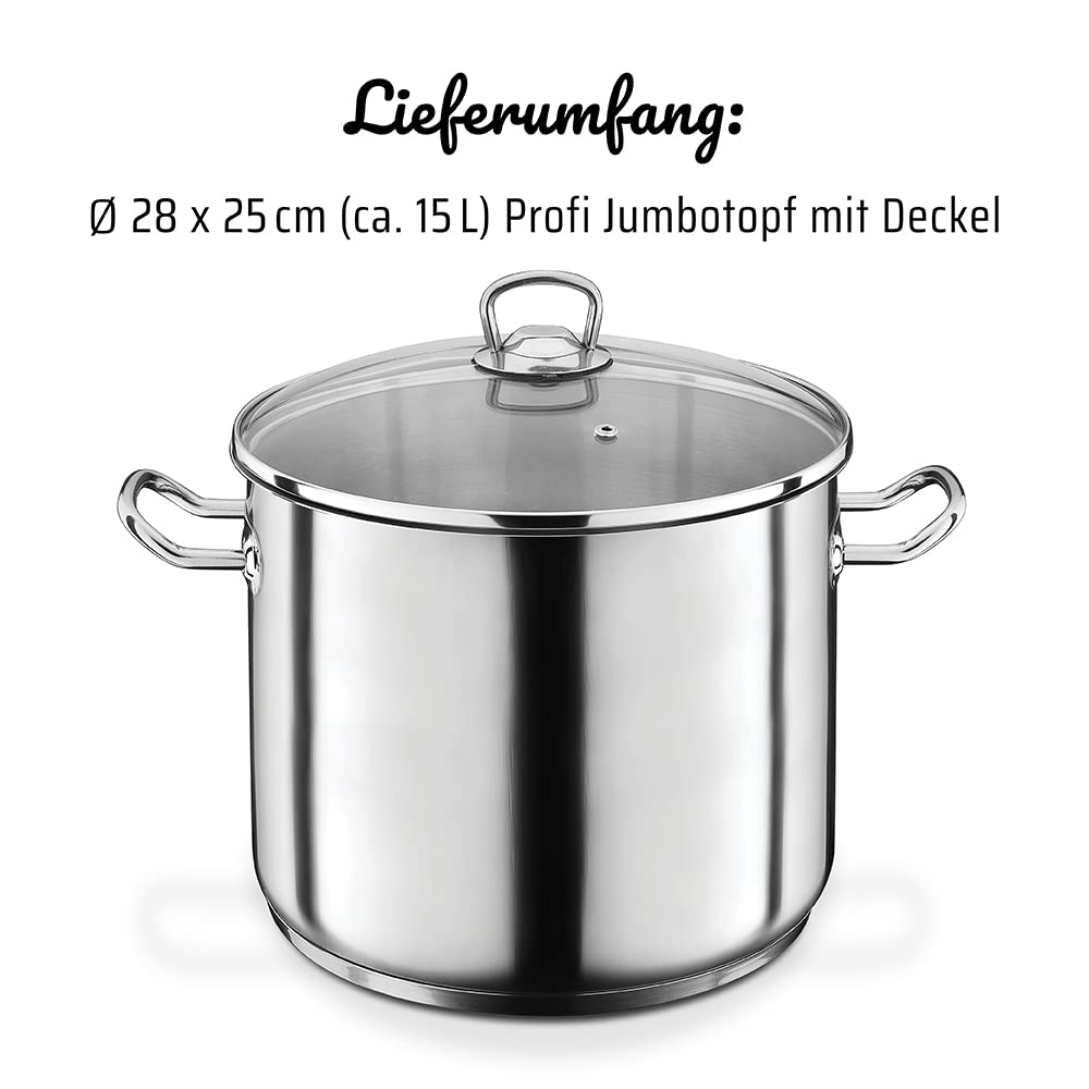 GSW Profi-Jumbotopf – hochwertiger Kochtopf mit Deckel, ideal für Familien und Gastronomie, großer XXL-Topf für Suppe, Nudeln und Eintopf – Edelstahl, 28 cm, 15 Liter, Silber