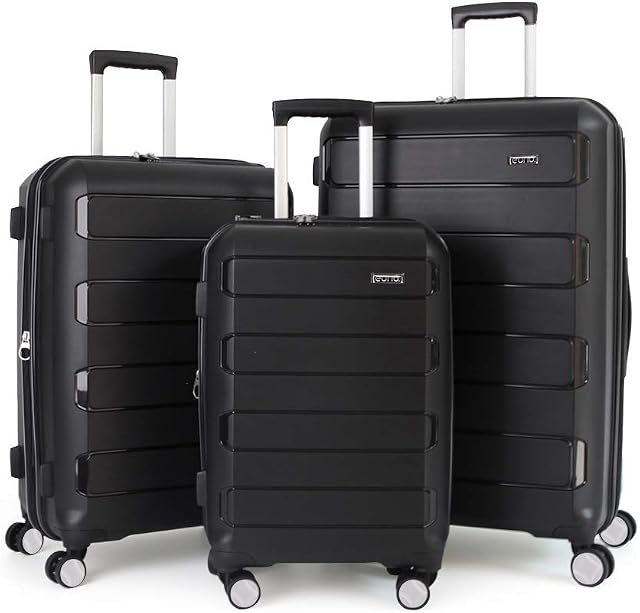 Amazon Brand - Eono Expandable Luggage Set of 3 Piece Polypropylene Hard Shell Anti-Scratch Suitcases with 4 Spinner Wheels and Built-in TSA Lock, 55 cm, 66 cm, 76 cm, Black