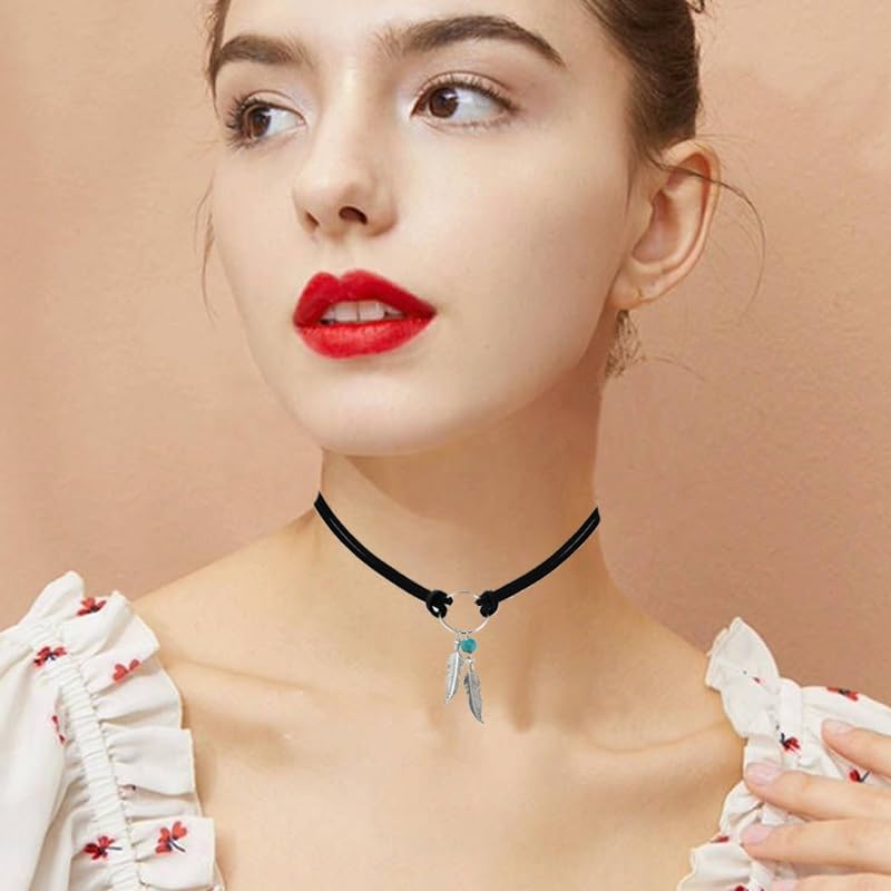 Bohemian Turquoise Leather Choker Necklace for Women Vintage Handmade Feather Layered Black Brown Suede Western Cowlady Necklace Western Country Party Jewelry Gifts - Image 3