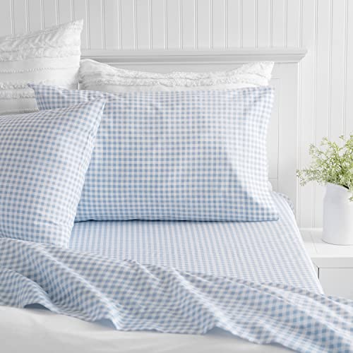 Martha Stewart Gingham Check Queen Sheet Set - 4 Piece| 100% Cotton | 300 Thread-Count, Wrinkle Resist, Soft, Deep Pocket | 1 Flat Sheet, 1 Fitted Sheet, 2 Pillowcases | Soft Blue #TOP14
