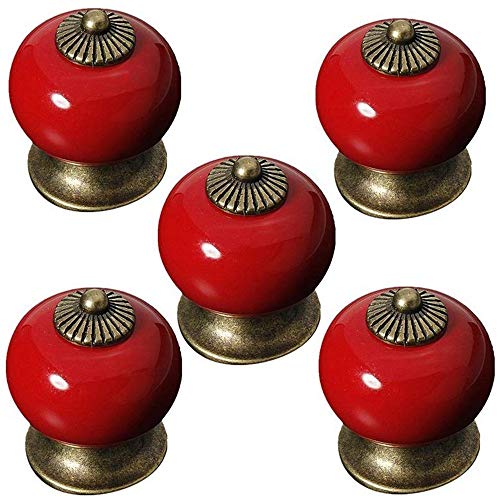 Voarge Lot de 5 boutons ronds en céramique pour porte de placard ou tiroir - Poignée en porcelaine - Style maison de campagne - Rouge