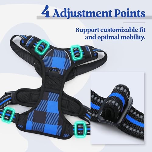 Image of rabbitgoo Dog Harness No-Pull, Comfortable Padded Plaid Harness with Handle Easy Control, Adjustable Reflective Pet Vest with 2 Leash Clips for Small Dog, Blue Plaid, S