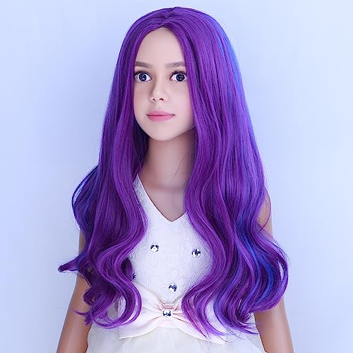 Image of PATTNIUM Blue Purple Wig Kids Wig Long Wavy Wig Child Size Heat Resistant Synthetic Hair Wigs Girls Cosplay Costume Wigs (Blue Purple)