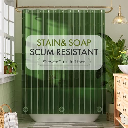 Image of Bathway Shower Curtain Liner, Clear Shower Curtain Liner Green 72x72 PEVA Waterproof Shower Curtain Liner Plastic with 3 Magnets and 12 Rustproof Metal Grommets, Lightweight Shower Liner for Bathroom