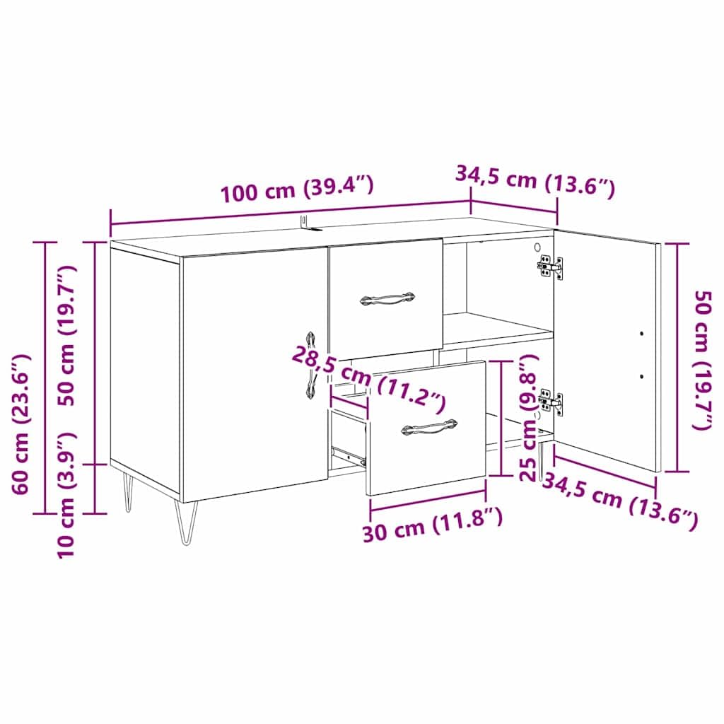 Credenza Rovere artigianale 100 x 36 x 60 cm con spaziosa capacità di stoccaggio, moderno mobile da buffet con cassetti e ripiani, per soggiorno o cucina