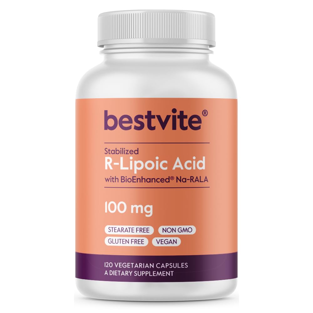 BESTVITE R-Lipoic  100mg Stabilized with Bio-Enhanced® Na-RLA (120 Vegetarian s) No Stearates - No Flow Agents - Vegan - Non-GMO - Gluten Free