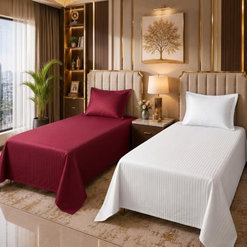 Image of Mafatlal 210 TC Italian Stripe Single Bedsheet Set with Pillow Cover (60 x 90 Inches) | 100% Cotton | Hotel Collection | Soft Breathable Flat Bed Sheet | Maroon N White