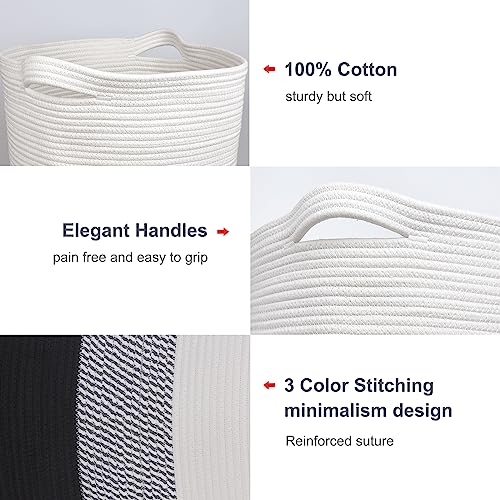 Image of Cotton Rope Blanket Basket, 72L Laundry Hamper, White& Gray& Black | 16 inchx 22 inch, Large Collapsible Woven Nursery Hamper with Sturdy Handles for Clothes Toys Towels, Bedroom Living Room Bathroom