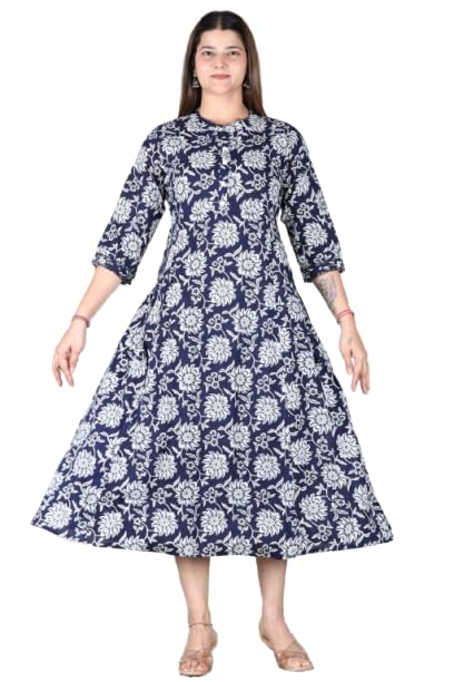Women's Navy Blue Floral Print Anarkali Kurta Dress-image-33