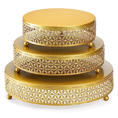 YOUEON Set of 3 Metal Gold Cake Stand, 12/10/8 Inch Cake Stands for Dessert Table, Dessert Stands, Cupcake Display Stands for Wedding, Birthday, Party, Anniversary, Floral Pattern