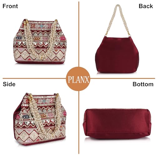 Image of PLANX Velvet SilK Stylish Embroidery Unique Design Traditional Ethnic Wedding Party Handheld Potli For Women