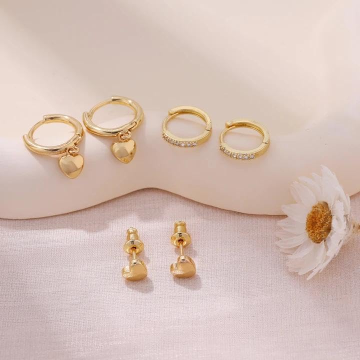 Image of Gold Plated Earrings for Women, 14k Gold Plated Earring Stack Hypoallergenic Pearl Drop Earring Dainty Earrings for Women Trendy Cute Small Huggie Hoop Earring Fashion Womens Jewelry