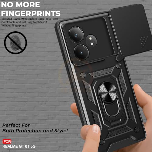 Image of Armor Bumper Back Cover Case for Realme GT 6T 5G / GT Neo 6 SE 5G Rotating Camera Cover, Ring Holder & Kickstand | Heavy Duty & 360 Degree Protection Back Cover (Black)