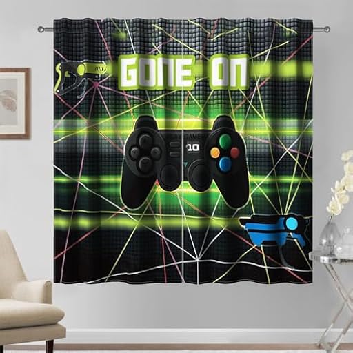 Kzzfqxb 117×138cm Cortinas Gamepad 2 Paneles, Game Esports Negro Verde Manija de Operación Armas Láseres Cortinas de Drape para Chicos Adolescentes, Cortinas de Ventana para Sala de Estar Dormitorio | Ya disponible en tu tienda friki favorita! En mundofriki.es!