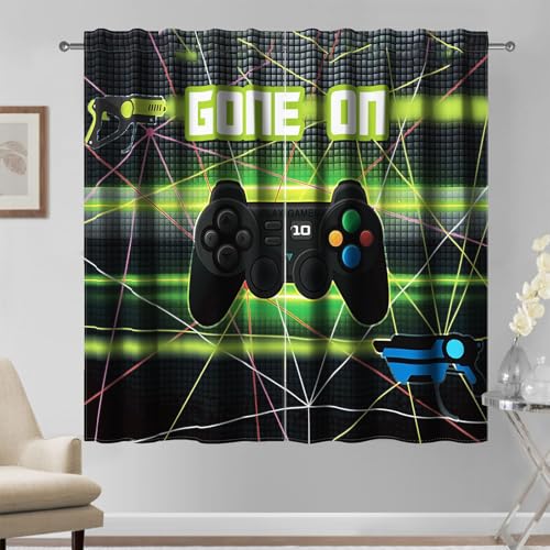 Kzzfqxb 117×138cm Cortinas Gamepad 2 Paneles, Game Esports Negro Verde Manija de Operación Armas Láseres Cortinas de Drape para Chicos Adolescentes, Cortinas de Ventana para Sala de Estar Dormitorio