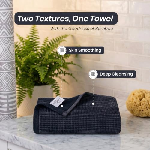Image of Mush Bamboo Dual Texture Waffle Terry Bath Towel | 500 GSM Ultra Soft, Highly Absorbent, Quick Dry Towels | Large Towels for Bath, Gym, Spa | Charcoal Grey (70x140 cm)