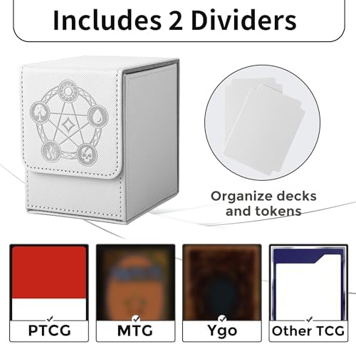Zettokete Card Deck Box with 2 Dividers, MTG Commander Deck Box Holds 100+ Double-Sleeved Cards, Leather Magnetic Deck Case Compatible with Magic TCG CCG Cards, White - 2