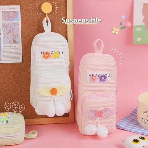 Image of Parshya Cute Pencil Pouch for Girls | Large Capacity Multi-Layer Stationery Organizer | Soft Plush Zipper Pencil Case with Pom-Pom & Cute Flower Design | School Supplies Pouch for Kids & Teens