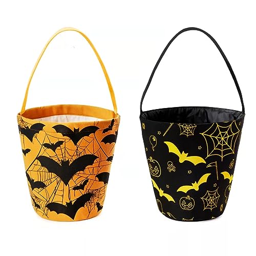 Ouksma 2 Pcs Canvas Halloween Trick or Treat Buckets Halloween Candy Snack Baskets Pumpkin Face Candy Holder with Handle for Halloween Party Favor Supplies (Black/Yellow Bat)