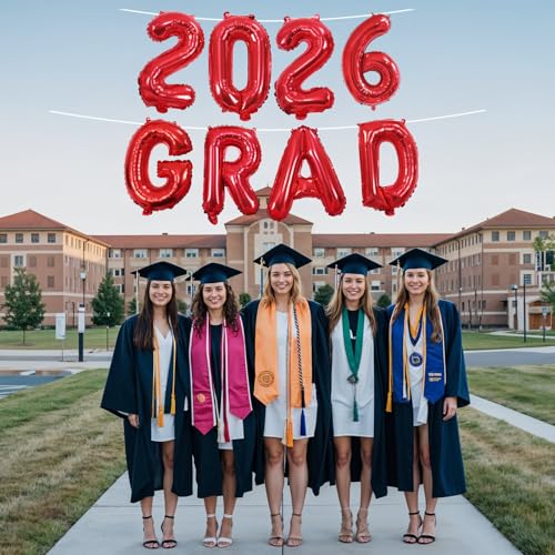 Image of 2026 Congratulations Grad Balloons, 16 Inch Red 2026 GRAD Foil Balloons Banner Sign Sign for for Graduation Decorations 2026, College High School Class of 2026 Graduate Congrats Party Decor Supplies