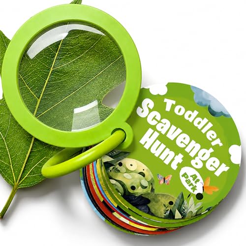 Scavenger Hunt Cards at the Park | Kids Outdoor Activity Cards Game with Magnifying Lens | Nature 2 Year Old Gifts for 2-3 Year Olds | Toddler Games for Boys & Girls