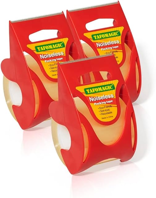 TAFOMAGIC Packing Tape with Dispenser Clear Noiseless Packaging Tape for Shipping Moving Strong Sealing Adhesive Industrial Depot Tapes for Storage 2 inch x 27 Yards 1 Core 3 Pack