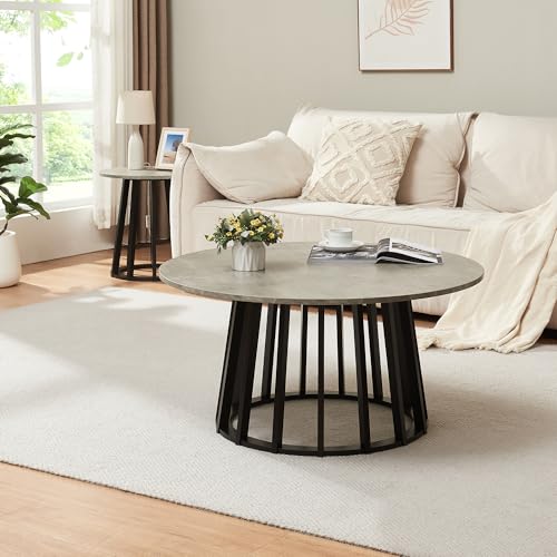 [en.casa] Table Basse de Salon Style Intemporel avec Piètement Stable et Décoratif Plateau Rond pour Séjour Bureau MDF Bambou 90 x 45 cm Effet Béton Noir