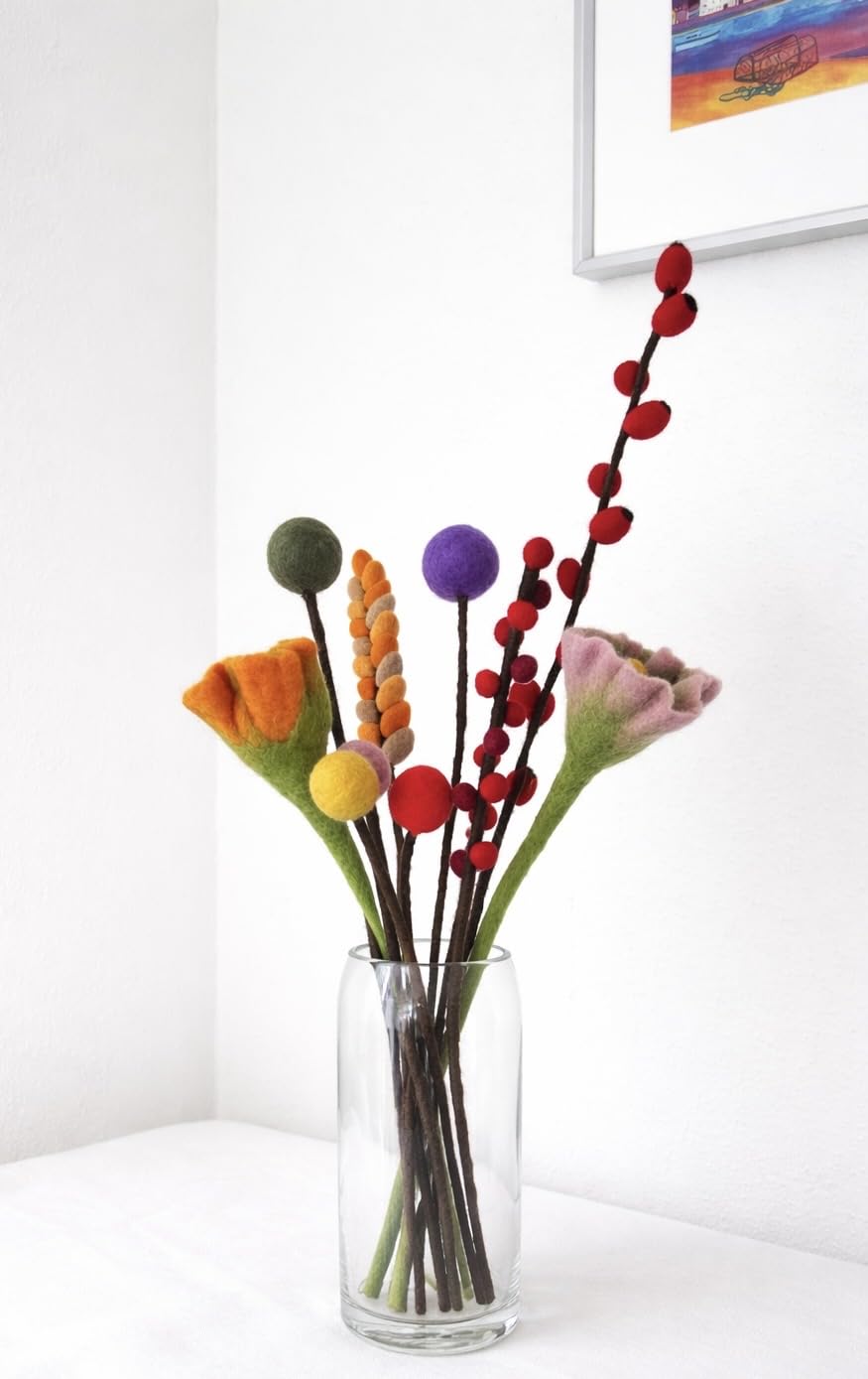 Filzblumen-Mix mit Hagebutte, Kugelblumen und Zweigen aus Filz (10 Stück) - Filzblumen (Blumenmix-KM003)