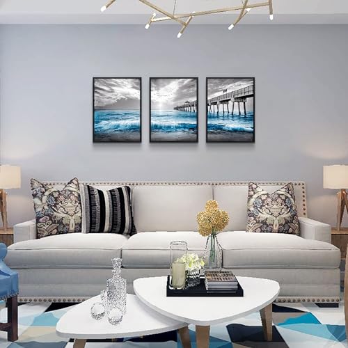 Black Framed Wall Decorations For Living Room Canvas Wall Art For Bedroom Office Wall Decor Black And White Wall Painting Blue Ocean Sea Wave Pictures Artwork For Modern Posters Prints Home Decor