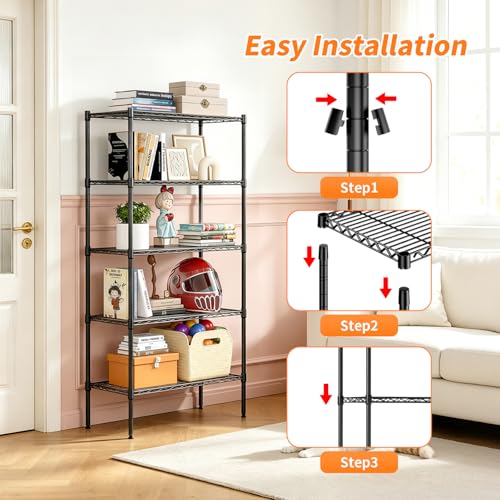 Image of BestOffice | 5-Tier Wire Storage Shelves with Wheels | 14 x 30 x 61 | Black | with Adjustable Racks | Heavy-Duty Metal Shelf, Holds Upto 1250 lbs | No-Tool Assembly | Ideal for Home & Garage Shelving