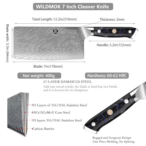 WILDMOK Vegetable Cleaver Knife - 7 inches Japanese VG10 Steel Core Forged Damascus Blade, Resin Handle, Heavy Duty Blade for Home Kitchen and Restaurant by WILDMOK - Image 2