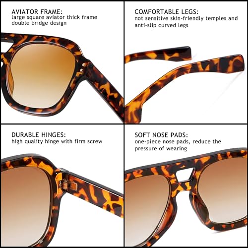 Image of FEISEDY Vintage Aviator Sunglasses Double Bridge Women Men Large Square Thick Frame Trendy Eyewear UV400 B2846