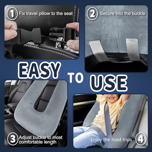 Image of Travel Pillow,Car Pillow for Kids on Road Trip,Head and Neck Support,Green | Car Travel Essentials Sleeping Pillow for Kids and Adults with Adjustable Strap,Plush Faux Fur, High-Resilience PP Cotton