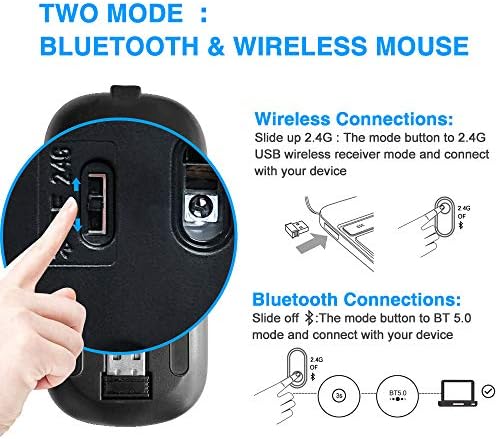 MMK Wireless Bluetooth Mouse, 2.4G Rechargeable Optical Mouse for Laptop | LED Slim Dual Mode (Bluetooth 5.0 and 2.4G) Wireless Mouse for Laptop, PC, Mac OS, Android, Windows (Silver)